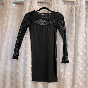 Black Floral Lace Long sleeve Mini Tight Slip/ Lingerie Dress